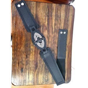 Women's belt black leather studded rhinestone silver buckle size S